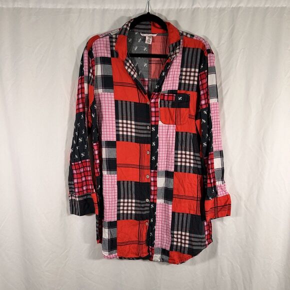 Victoria's Secret Other - Victoria's Secret Sleep Top Womens Small Red Plaid Button Up Vneck Long Sleeve
